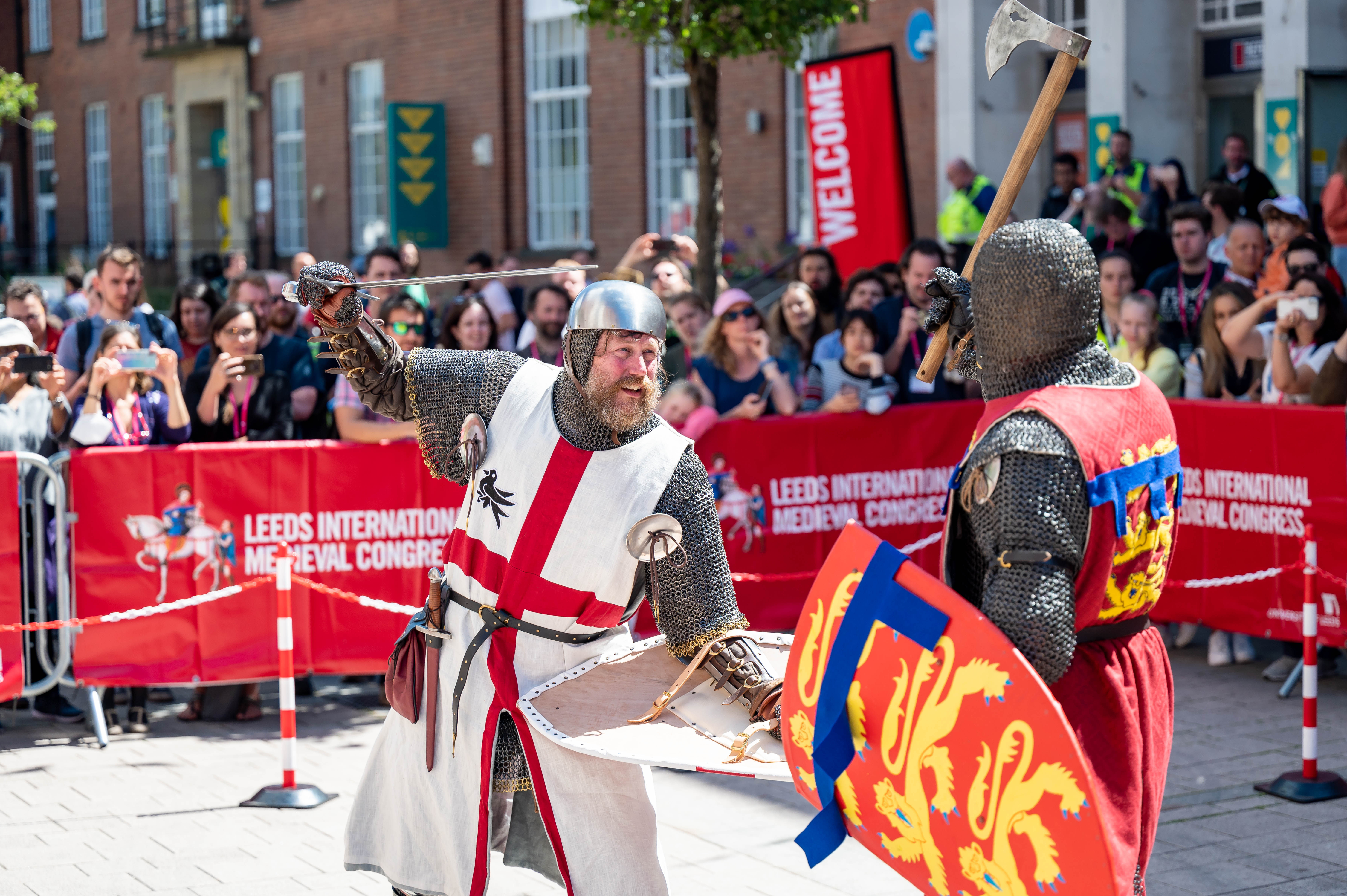 Sword combat demonstration in front of large crowds at IMC 2023 Making Leeds Medieval