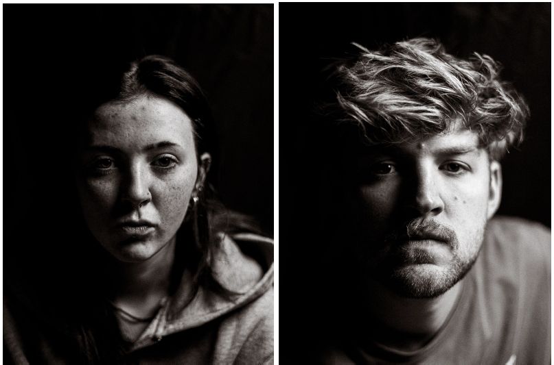 Two people's portraits in greyscale