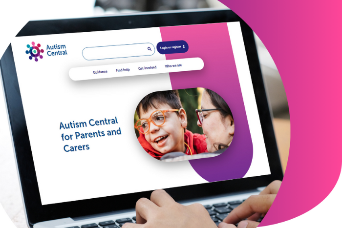 Laptop screen shows the Autism Central website. The page says 'Autism Central for Parents and Carers'